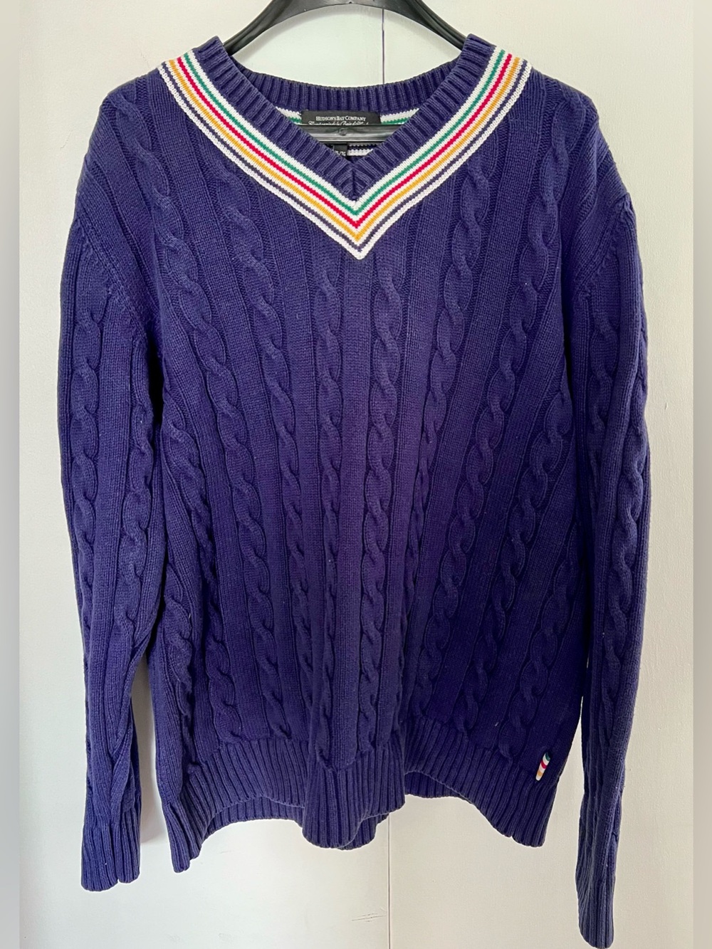 Hudson's Bay Blue Cable-Knit V-Neck Sweater with HBC Stripe Trim